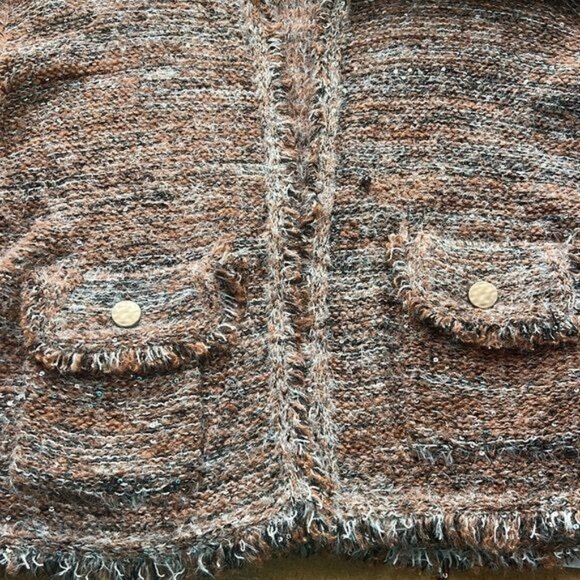 Sioni Womens Open Front Brown White Frayed Hem Textured Cardigan w/ Sequins - Picture 8 of 13